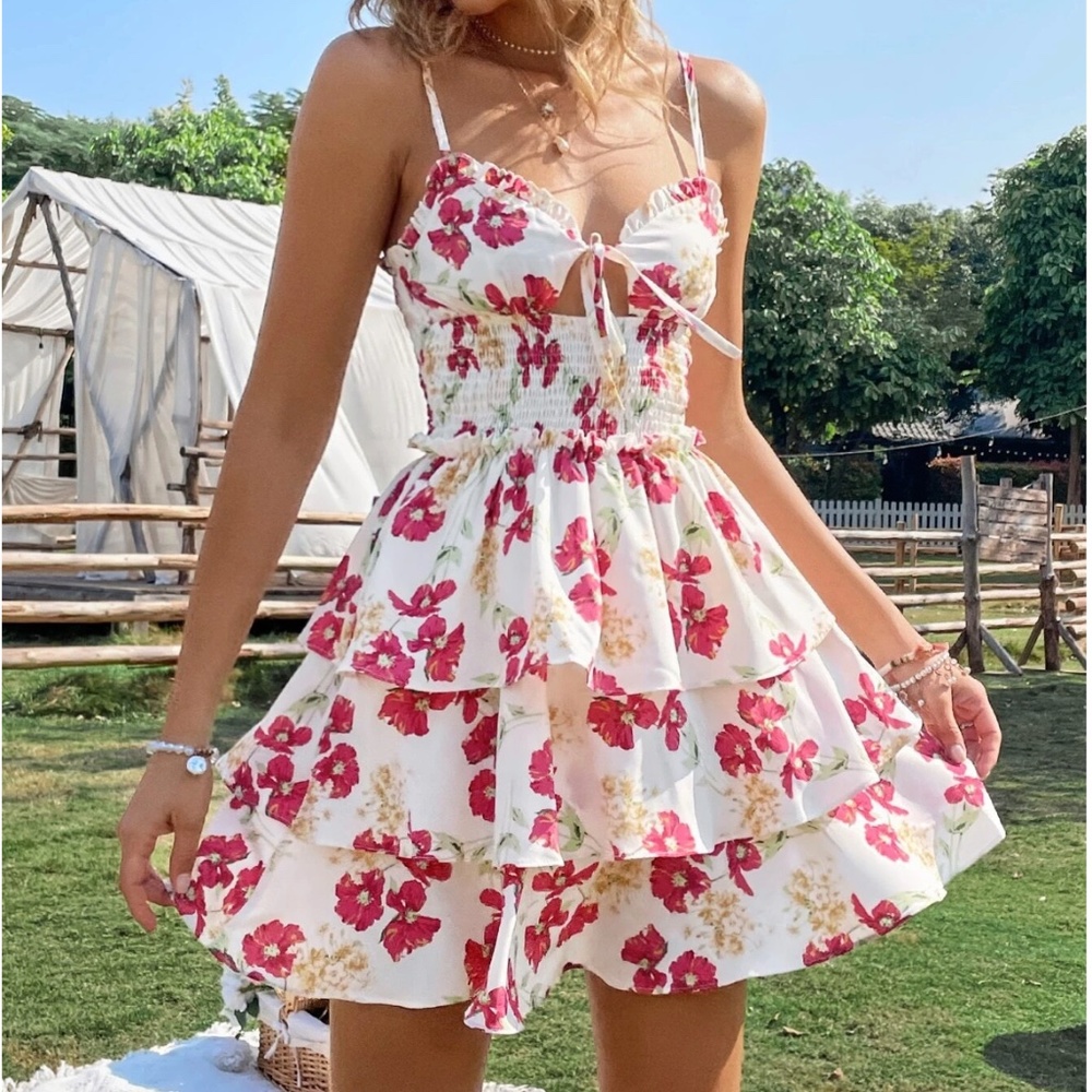 VCAY Floral Print Shirred Tie Front Layered Hem Dress Sundress Spring